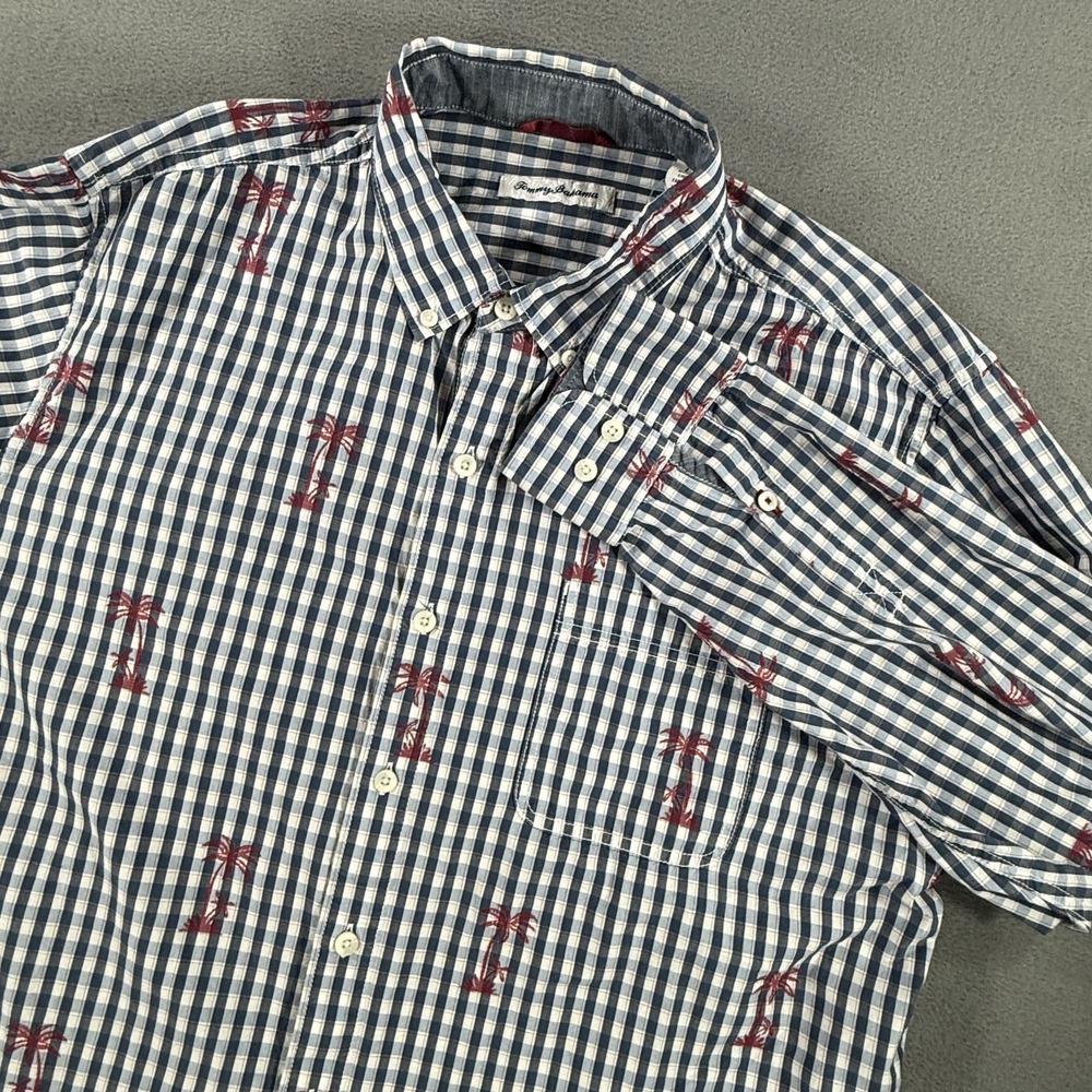 TOMMY BAHAMAS Men's Blue Plaid With Red Palm Trees Shirt Size Large Long Sleeve